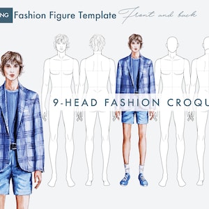 Modelos de figuras de moda masculina, Croquis de moda de 9 cabeças, vistas frontal e traseira