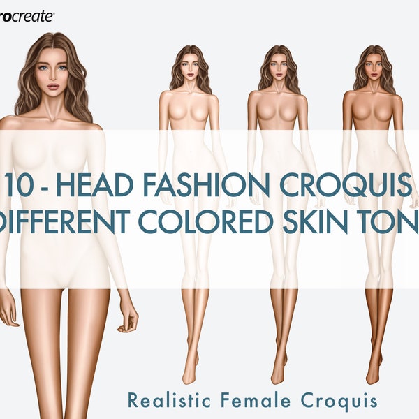 Female Fashion Croquis Templates, Curly Hair, Catwalk Pose, 10-Head Fashion Figure, 3 Different Colored Skin Tones