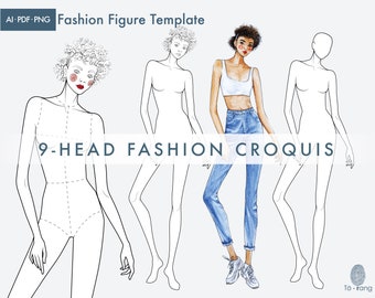 Female Figure Templates for Fashion Illustrations, 9-Head Fashion Croquis, Curly Hair