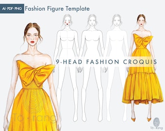 Female Fashion Figure Template, 9-Head Fashion Croquis, Croquis Templates for Fashion Illustrations, Croquis Vector