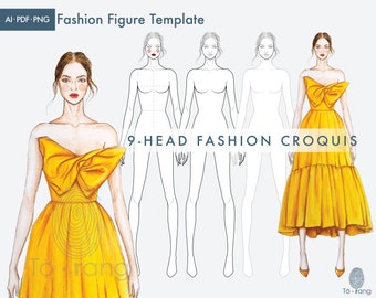 Fashion Croquis-sjabloon, vrouwenfiguur met 9 koppen (pdf, AI, png)