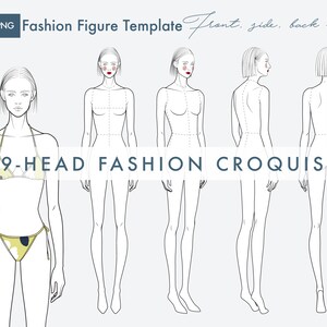 Female Fashion Figure Template, 9-Head Fashion Croquis, Front, 2 Side and Back Views