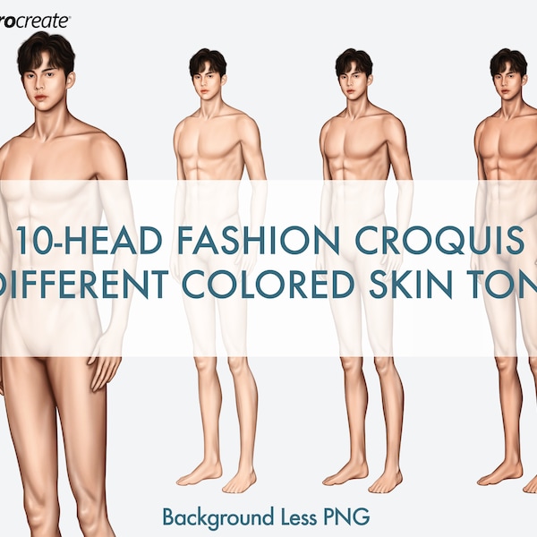 Male Fashion Croquis Templates, 3 Different Colored Skin Tones, 10-Head Fashion Figures, Relaxing Pose