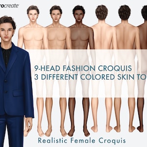 Male Fashion Croquis Templates, Front and Back, 3 Different Colored Skin Tones, 9-Head Fashion Figure, Fashion Illustration image 2