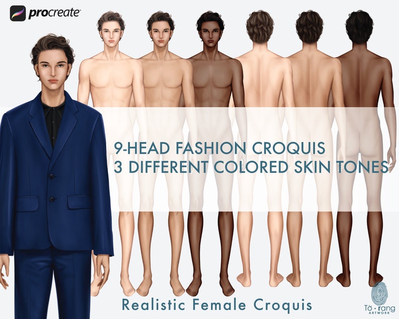 Male Fashion Croquis Templates, Front and Back, 3 Different Colored Skin Tones, 9-Head Fashion Figure, Fashion Illustration image 2