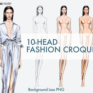 Fashion Figure Template, 10-Head Female Catwalk Pose, Pencil Sketch and Skin Tone PNGs for Procreate & Digital Fashion Illustration