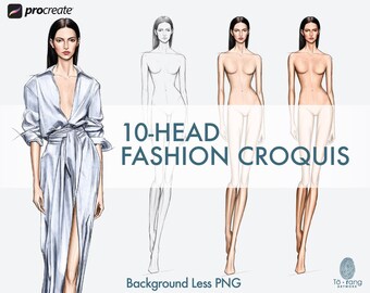 Fashion Figure Template: 10-Head Catwalk Pose PNGs for Procreate
