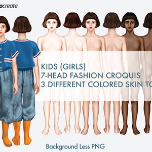 Kids (Girls) Fashion Figure Templates, 3 Different Colored Skin Tones, Children&#39;s Croquis, 7-Head Fashion Croquis, Front and Back Views