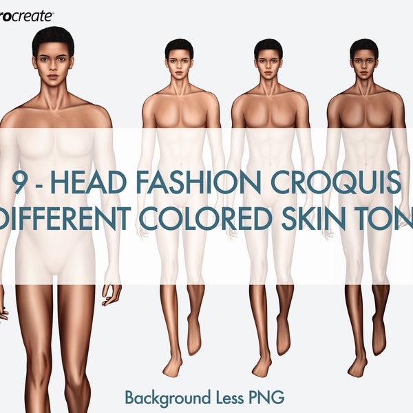 Male Fashion Croquis Templates, Catwalk Pose, 3 Different Colored Skin Tones, 9-Head Fashion Figure