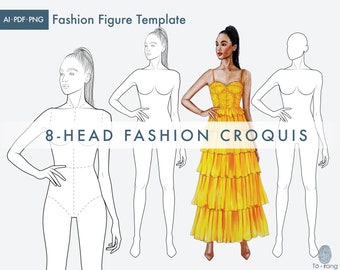 Modelos de Croquis de Moda, Figura de 8 Cabeças (PDF, AI, PNG)