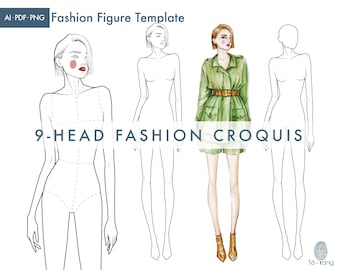Female Fashion Figure Template, 9-Heads Fashion Croquis, Relaxed Pose