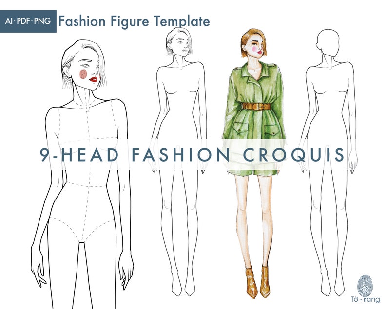 Female Fashion Figure Template, 9-heads Fashion Croquis, Relaxed Pose ...