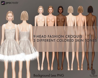 Female Fashion Croquis Template, Front and Back, 3 Different Colored Skin Tones, 9-Head Fashion Figure, Standing Pose, Background Less PNG