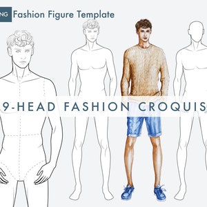 Croquis Masculino para Ilustração de Moda, Modelo de Figura de Moda de 9 Cabeças