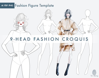 Female Figure Templates for Fashion Illustrations, 9-Head Fashion Croquis
