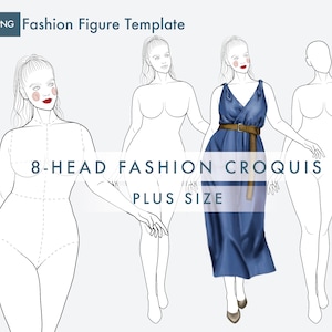 May include: A set of three fashion figure templates for drawing clothing designs. The figures are 8 heads tall and are in a plus size. The figures are in different poses, one is wearing a blue dress.