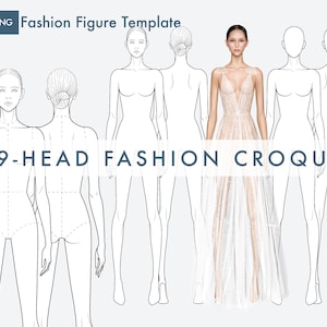 Female Fashion Croquis Templates, Front and Back, 9-Head Fashion Figure, Fashion Figure for Fashion Illustration image 2