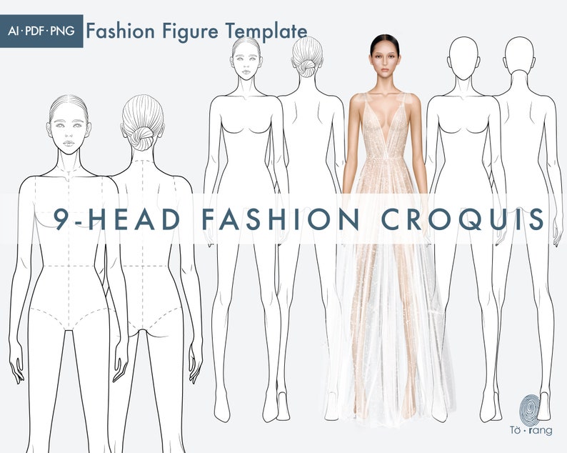 Female Fashion Croquis Templates, Front and Back, 9-Head Fashion Figure, Fashion Figure for Fashion Illustration image 2