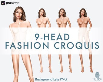 Female Fashion Figure Templates, 9-Head, 3 Different Colored Skin Tones, Hands in Pockets Pose