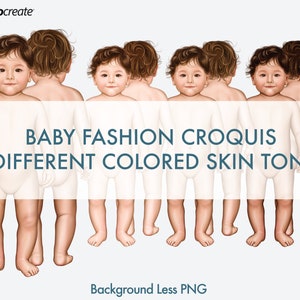 May include: Three baby fashion croquis with different skin tones. The croquis are standing with their legs slightly apart and their arms at their sides. The background is white.