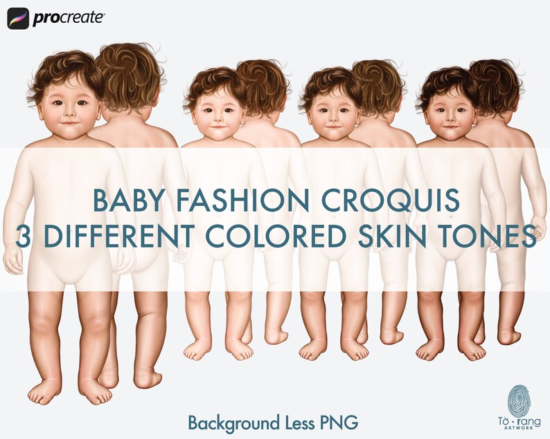 May include: Three baby fashion croquis with different skin tones. The croquis are standing with their legs slightly apart and their arms at their sides. The background is white.