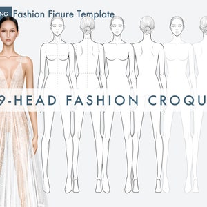 Female Fashion Croquis Templates, Front and Back, 9-Head Fashion Figure, Fashion Figure for Fashion Illustration image 1