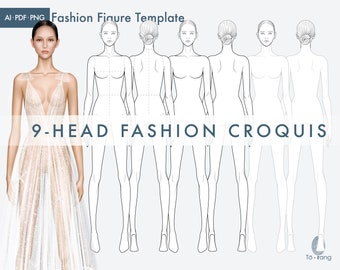 Modelos de Croquis de Moda Feminina, Figura de 9 Cabeças (PDF, AI, PNG)