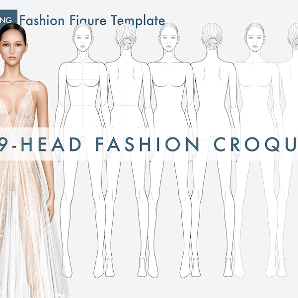 Female Fashion Croquis Templates, Front and Back, 9-Head Fashion Figure, Fashion Figure for Fashion Illustration