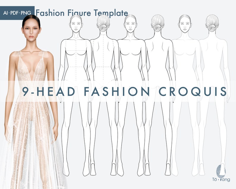 Female Fashion Croquis Templates, Front and Back, 9-Head Fashion Figure, Fashion Figure for Fashion Illustration image 1