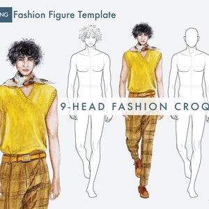 Modelo de figura de moda masculina, croquis de moda de 9 cabeças, pose de passarela