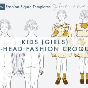 Kids (Girls) Fashion Figure Templates, Children&#39;s Croquis, 7-Head Fashion Croquis, Front and Back Views, Fashion Illustration