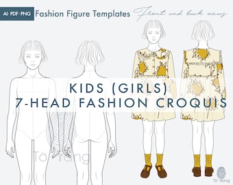 Kids (Girls) Fashion Figure Templates, Children's Croquis, 7-Head Fashion Croquis, Front and Back Views, Fashion Illustration