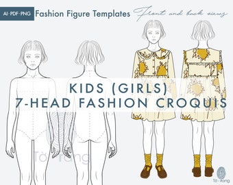 Kids (Girls) Fashion Figure Templates, Children's Croquis, 7-Head Fashion Croquis, Front and Back Views, Fashion Illustration