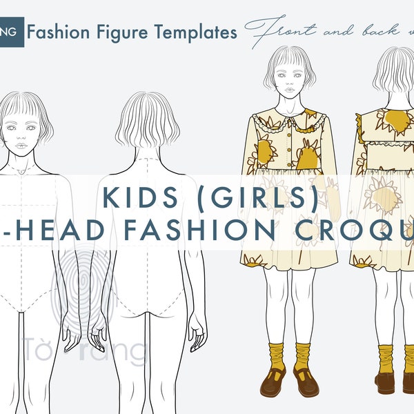 Kids (Girls) Fashion Figure Templates, Children's Croquis, 7-Head Fashion Croquis, Front and Back Views, Fashion Illustration