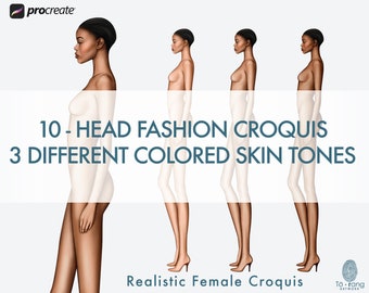 Female Fashion Croquis Templates, Side View, 10 Head Fashion Figure, 3 Different Dark Skin Tones Color