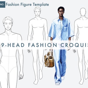 Croquis Masculino para Ilustração de Moda, Modelo de Figura de Moda de 9 Cabeças, Pose de Passarela