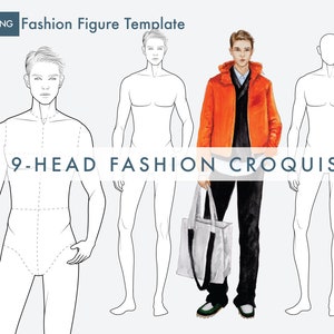 Modelos de figuras de moda masculina, croquis de moda de 9 cabeças, ilustração de moda