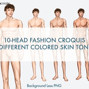 Modelos de croquis de moda masculina, 3 tons de pele de cores diferentes, figura de moda de 10 cabeças