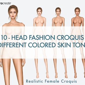 Female Fashion Croquis Templates, Standing Pose, 10-Head Fashion Figure, 3 Different Colored Skin Tones