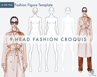 Female Fashion Figure Template, 9-Head Fashion Croquis, Standing Pose