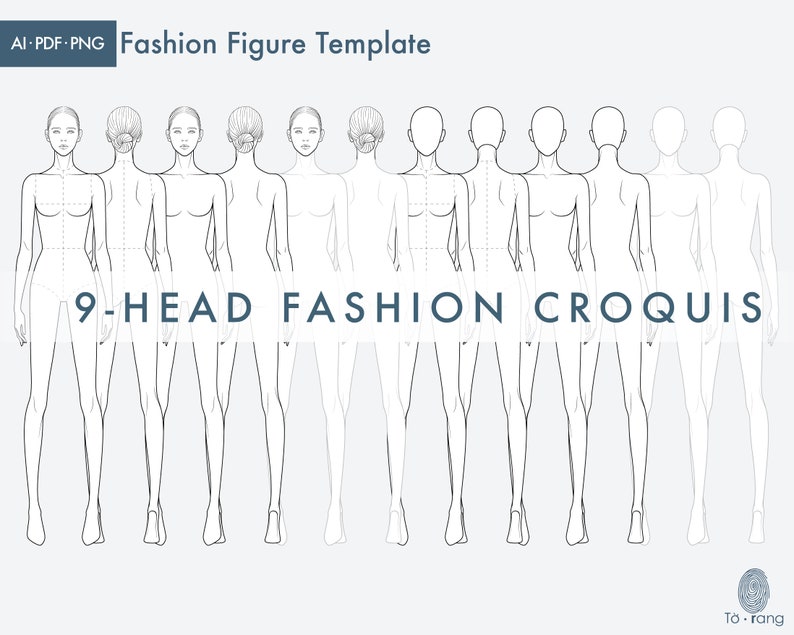 Female Fashion Croquis Templates, Front and Back, 9-Head Fashion Figure, Fashion Figure for Fashion Illustration image 3