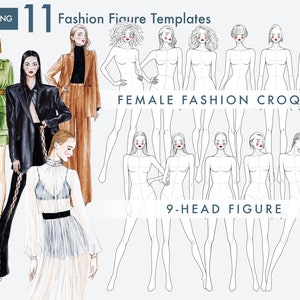 11 Female Fashion Figure Templates, Croquis Templates for Fashion Illustrations, 9-Head Figure, Hairstyle Templates