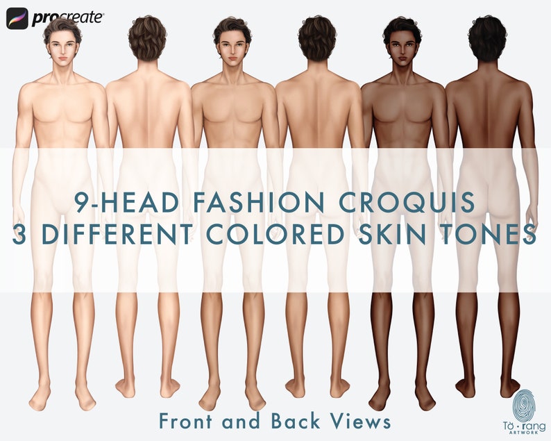 Male Fashion Croquis Templates, Front and Back, 3 Different Colored Skin Tones, 9-Head Fashion Figure, Fashion Illustration image 3
