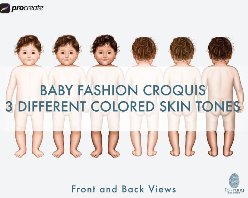 May include: Six baby fashion croquis with different skin tones, showing front and back views.  The croquis are for use in fashion design.