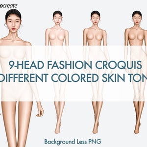 Female Fashion Croquis Templates, 9-Head Fashion Figure, Asian Model, 3 Different Colored Skin Tones