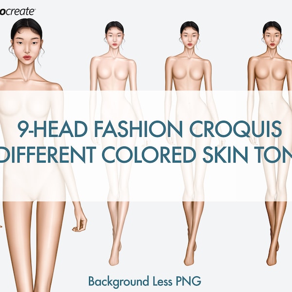 Female Fashion Croquis Templates, 9 Head Fashion Figure, Asian Model, 3 Different Colored Skin Tones