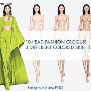 女性ファッションクロッキーテンプレート、10 頭ファッションフィギュア、アジア人モデル、3 つの異なる肌の色