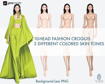 Female Fashion Croquis Templates, 10-Head Fashion Figure, Asian Model, 3 Different Colored Skin Tones
