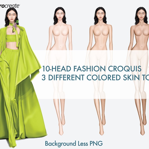 Female Fashion Croquis Templates, 10 Head Fashion Figure, Asian Model, 3 Different Colored Skin Tones