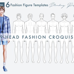 Pacote de croquis de pose masculina em pé, croquis masculinos para ilustração de moda, modelo de figura de moda de 9 cabeças